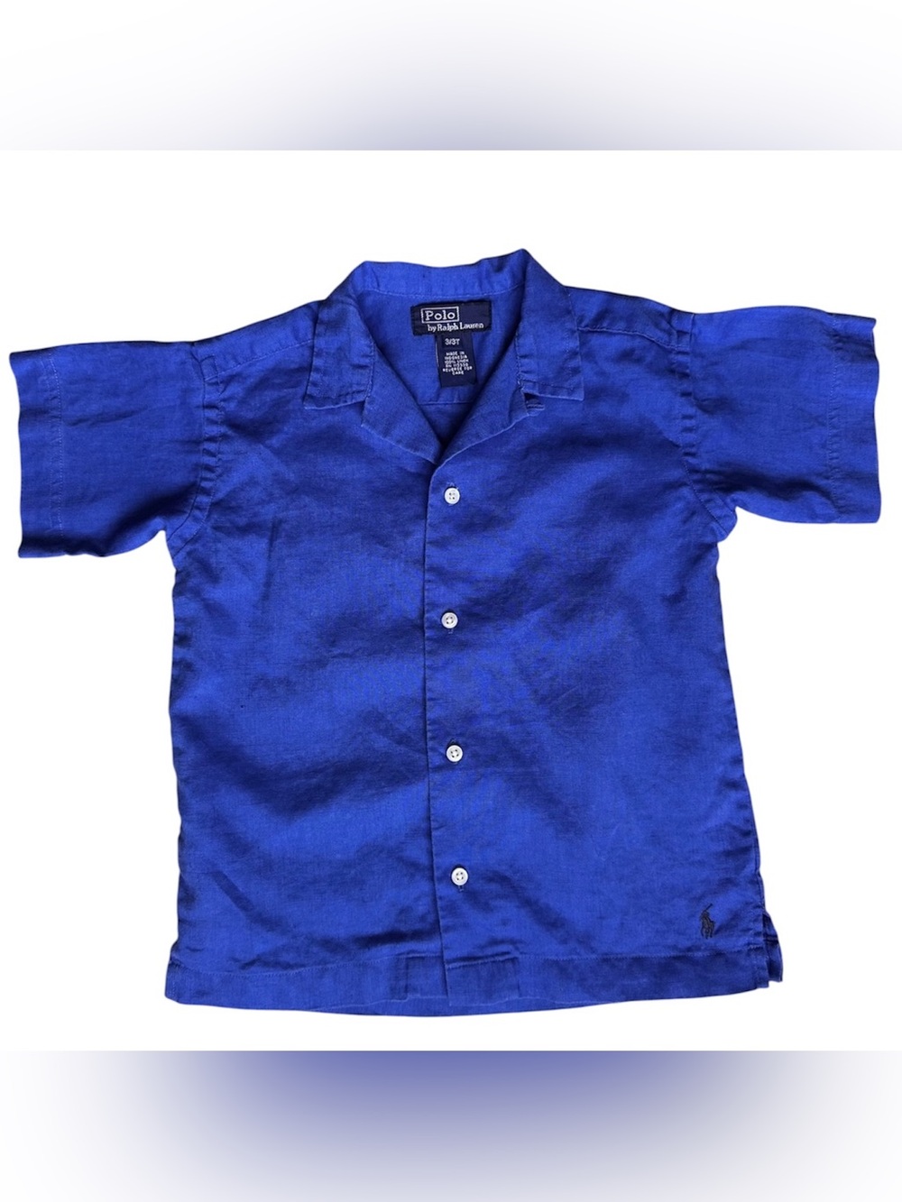 Polo Ralph Lauren Boys 3/3T 100% Linen Blue Camp Shirt Short Sleeve